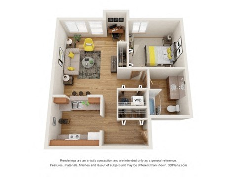 Floor plan for 1 bed, 1 bath, 764 sqft